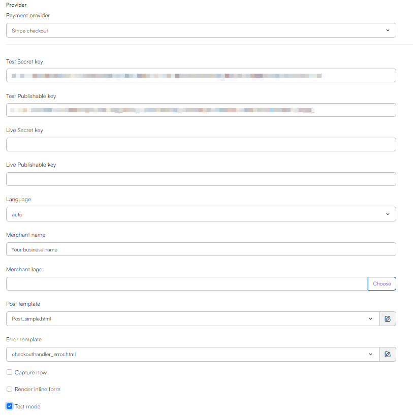 Stripe payment provider configuration