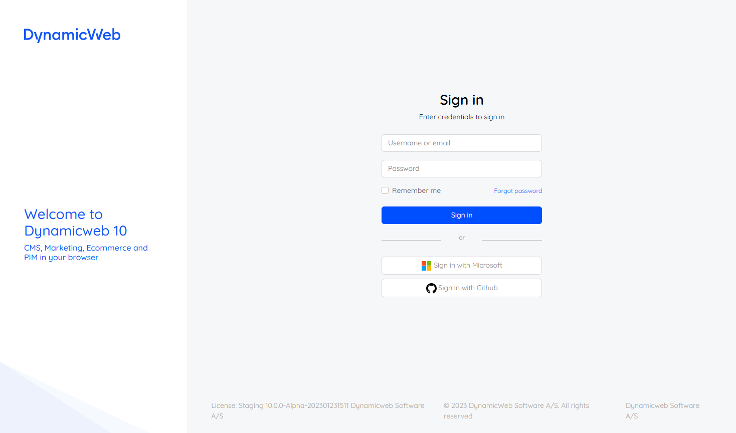 The DynamicWeb 10 Login Screen