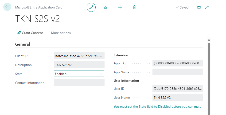 Microsoft Entra application card in Business Central