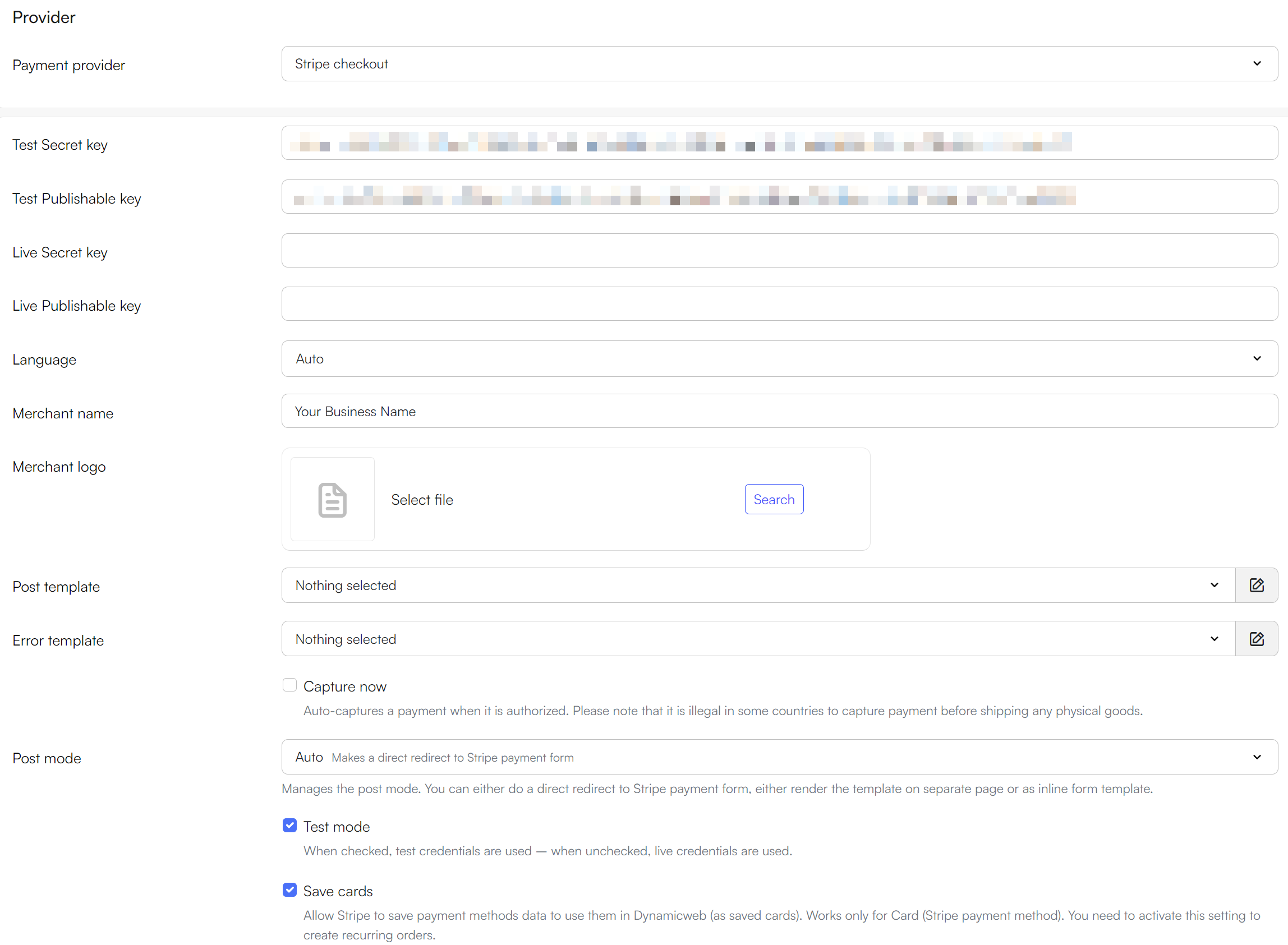 Stripe payment provider configuration