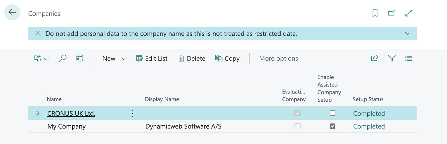 Business Central Company List