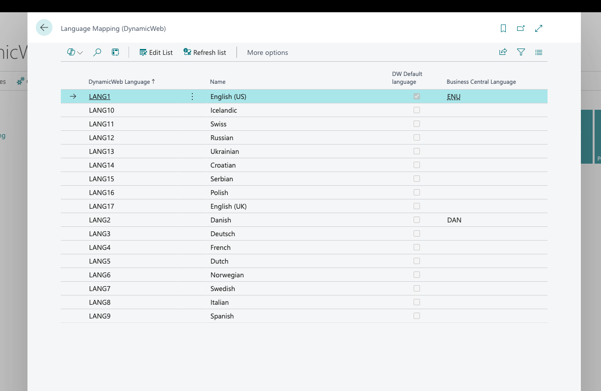 Language mapping list