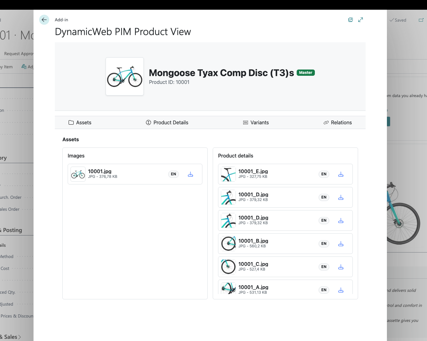 PIM product view window in Business Central