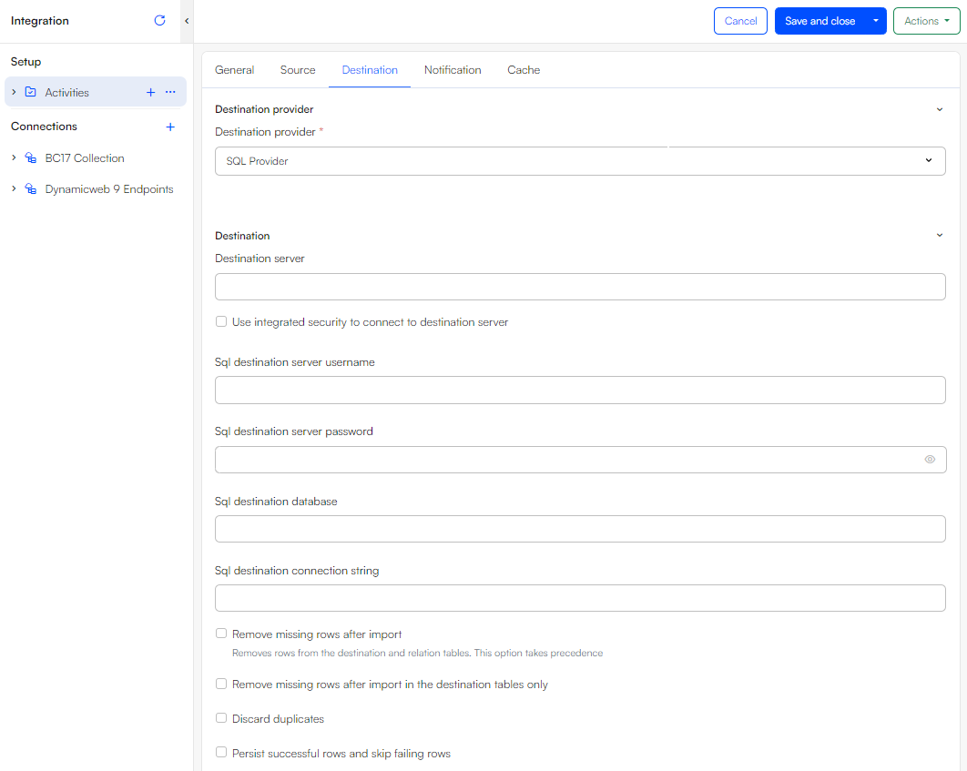 SQL provider as destination