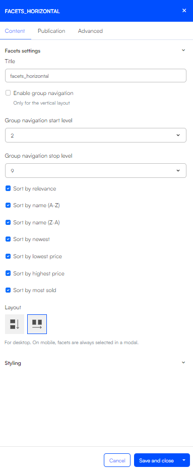 Product list facets settings