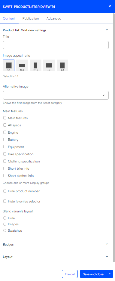 Product list Grid settings