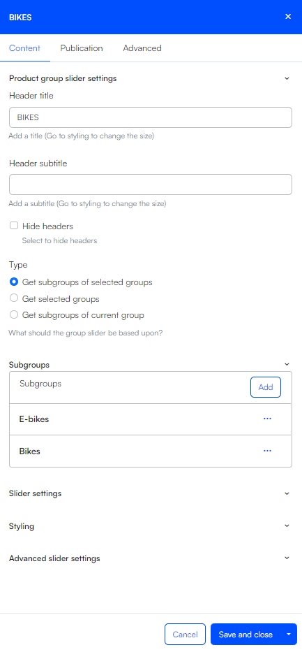 Product group slider settings