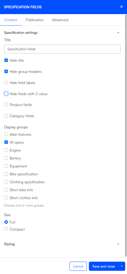 Product specification settings