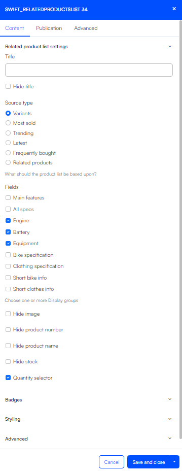 Related product list settings 